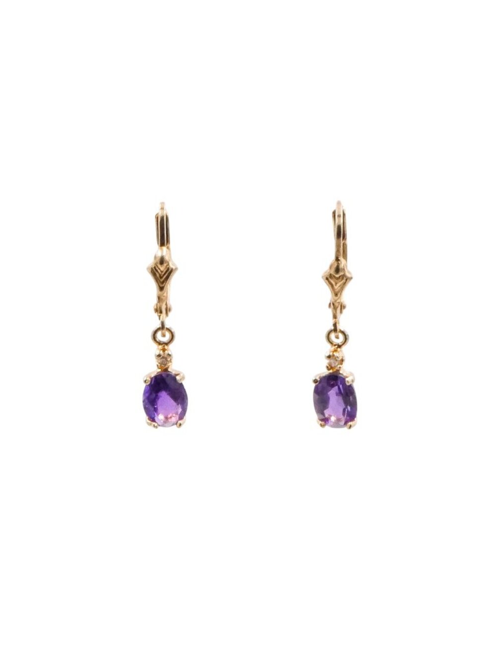 14K Yellow Gold 1 Inch Oval Amethyst Diamond Leverback Earrings 1.7 Carat
